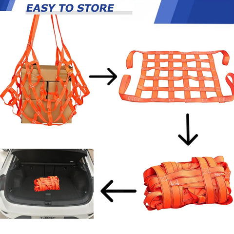 Heavy Duty Hoisting Net Built Tough For Seamless Cargo Hauling, demonstrating easy storage and use with a box and car trunk.