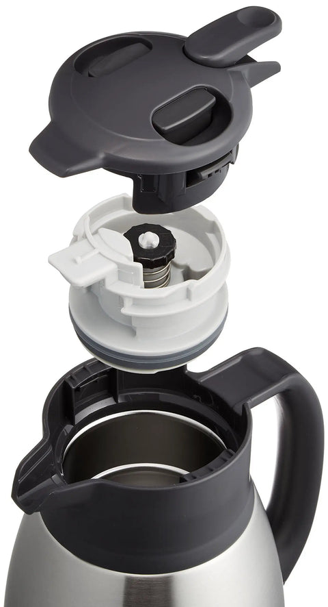 Built Tough Stainless Steel Vacuum Carafe 1.5 Liter with open lid and components, showing extra wide mouth.
