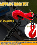 Heavy Duty Half Inch Tow Chain With Clevis Grab Hooks, Sixteen Foot Long, 12,000 Lbs Safe Working Load Built To Haul Transporting, Towing, Logging And Tie Downs showing a red clevis grab hook in use