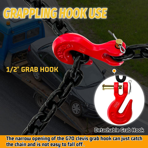 Heavy Duty Half Inch Tow Chain With Clevis Grab Hooks, Sixteen Foot Long, 12,000 Lbs Safe Working Load Built To Haul Transporting, Towing, Logging And Tie Downs showing a red clevis grab hook in use