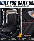 Heavy Duty Forklift Seat Cushion Features Breathable Mesh Core And Plush Padding Built Tough For Shop Floors Fits Cat Dp Gp Models 2008 To 2011 Keeping Your Back Happy On Those Long Loading Runs In Beige, showing wipe-clean black cushion with red stitching.