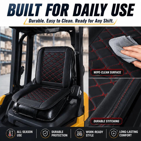 Heavy Duty Forklift Seat Cushion Features Breathable Mesh Core And Plush Padding Built Tough For Shop Floors Fits Cat Dp Gp Models 2008 To 2011 Keeping Your Back Happy On Those Long Loading Runs In Beige, showing wipe-clean black cushion with red stitching.