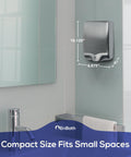 Two Pack Commercial Hand Dryer For Bathrooms Ultra Fast Drying In 9 To 11 Seconds High RPM Motor Stainless Steel Finish Built In Air Filter Optional Energy Saver Mode Adjustable Speed And Volume, mounted on bathroom wall, showing compact size