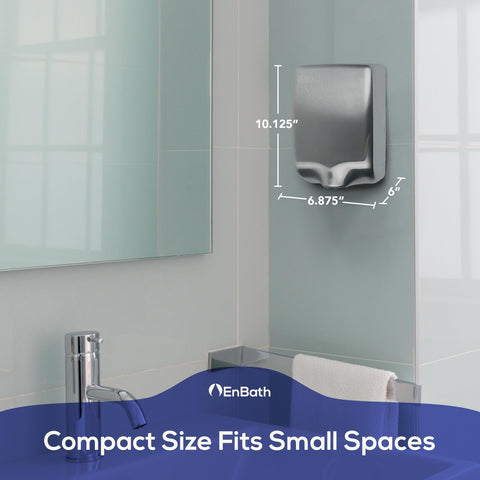 Two Pack Commercial Hand Dryer For Bathrooms Ultra Fast Drying In 9 To 11 Seconds High RPM Motor Stainless Steel Finish Built In Air Filter Optional Energy Saver Mode Adjustable Speed And Volume, mounted on bathroom wall, showing compact size