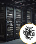 50 Pack Top Shelf Rock Solid M6 Rack Mount Cage Nuts And Hex Screws paired with lock washers displayed with server racks in background.