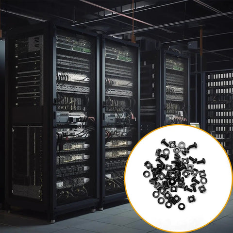 50 Pack Top Shelf Rock Solid M6 Rack Mount Cage Nuts And Hex Screws paired with lock washers displayed with server racks in background.