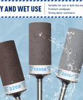 Three sanding drum bits for rotary tools in water, features 320, 1000, and 2000 grits, part of Ten Piece Hella Fine Grit Sanding Drum Bits For Rotary Tools With One Eighth Shank Ultra Smooth Sandpaper Sticks Kit For Jewelry Metal And Glass Slick Polish Finish Top Shelf.