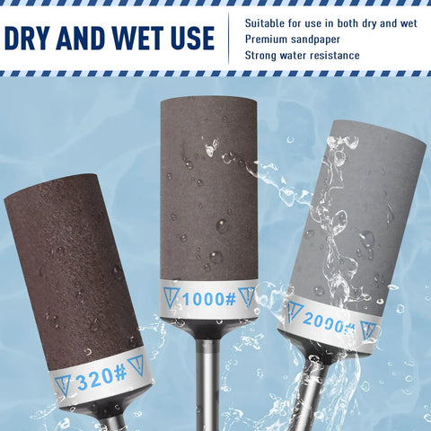 Three sanding drum bits for rotary tools in water, features 320, 1000, and 2000 grits, part of Ten Piece Hella Fine Grit Sanding Drum Bits For Rotary Tools With One Eighth Shank Ultra Smooth Sandpaper Sticks Kit For Jewelry Metal And Glass Slick Polish Finish Top Shelf.