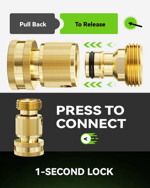 Solid Brass Quick Connect Hose Fittings Set With Universal Three Quarters Inch GHT Fit No Leak Hassle Free Easy Install mechanism