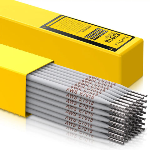 E7018 Low Hydrogen Carbon Steel Welding Rods One Eighth Inch Diameter Five Pound Pack Pro Grade All Position Arc Electrodes For AC Or DC Reverse Polarity Delivers Xray Weld Quality in yellow box