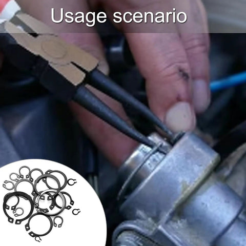 Top Tier 4Mm To 28 Retaining Rings Assortment With 300 Heavy Duty Steel Circlips in use on machinery with circlips and pliers.