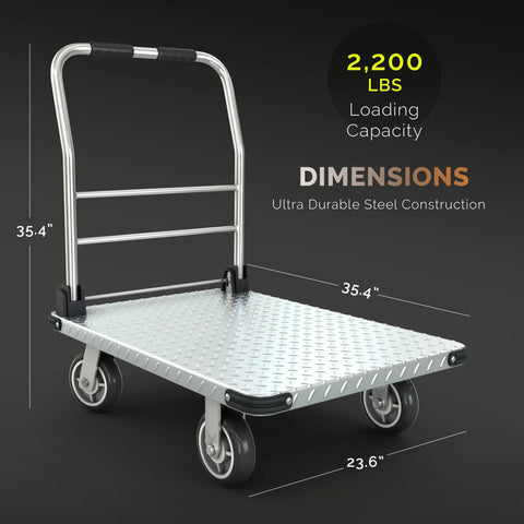Heavy Duty 2200 Pound Capacity Foldable Push Cart Dolly with dimensions and metal construction, ideal for moving furniture and luggage