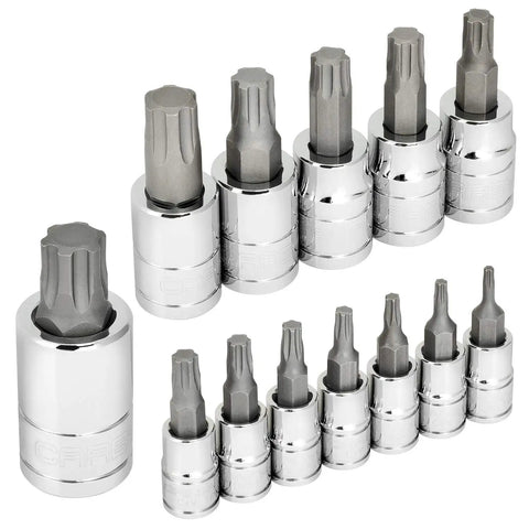 Torx Plus 13-Piece Bit Socket Set with 6 Lobe TP-8 IP-8 Through TP-60 IP-60, S2 Steel Bits and CrV Sockets displayed