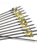 Six Pack 25 Inch Arrows With 800 Spine And Removable 100 Grain Tips For Target Practice And Hunting 3 Inch Turkey Feather Fletching On Carbon Arrows For Traditional Long Bow Recurve And Modern Compound Archery Yellow Camo