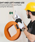 240 Ft Heavy Duty Flat Steel Fish Tape With Thumb Brake And Ergonomic Handle designed for right and left hand use.