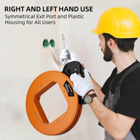 240 Ft Heavy Duty Flat Steel Fish Tape With Thumb Brake And Ergonomic Handle designed for right and left hand use.
