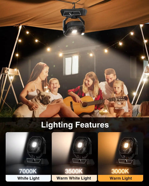Rechargeable Portable Fan With 20000mAh Battery, USB C Powered, LED Lantern Included illuminating a family at camping