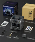 Pro Money Counter Machine With Built In Receipt Printer For Mixed Denomination And Multi Currency, 2 Pocket Sorter and accessories