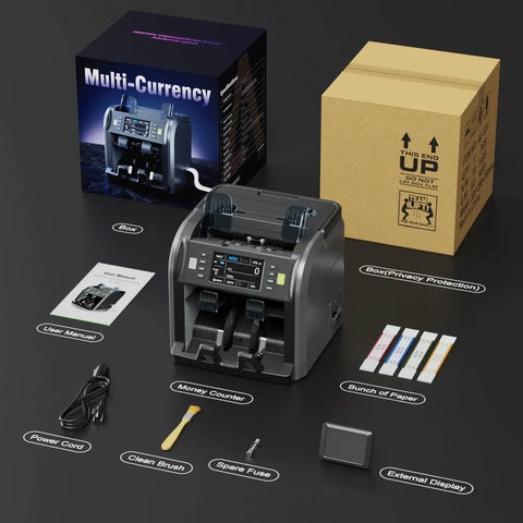 Pro Money Counter Machine With Built In Receipt Printer For Mixed Denomination And Multi Currency, 2 Pocket Sorter and accessories