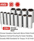Beefy 12-Piece One Half Inch Drive Metric Deep Socket Set With 12mm To 27mm 6-Point Chrome Vanadium Steel Mirror-Polished Finish