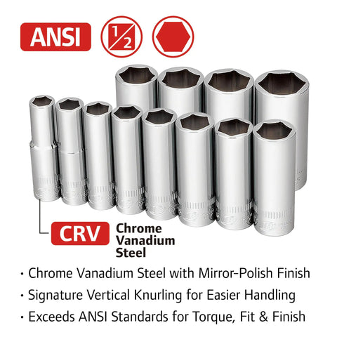 Beefy 12-Piece One Half Inch Drive Metric Deep Socket Set With 12mm To 27mm 6-Point Chrome Vanadium Steel Mirror-Polished Finish