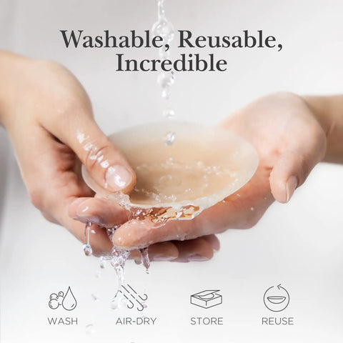 Person holding silicone nipple covers under water stream, showcasing "Washable, Reusable, Incredible." Silicone Nipple Covers With Travel Case Reusable Nipple Pasties With Skin Safe Adhesive No Bra Needed Under Clothing For Backless Dresses Bridesmaid Gowns Camisoles And Swimwear Creme Size 1 Fits A Cups.