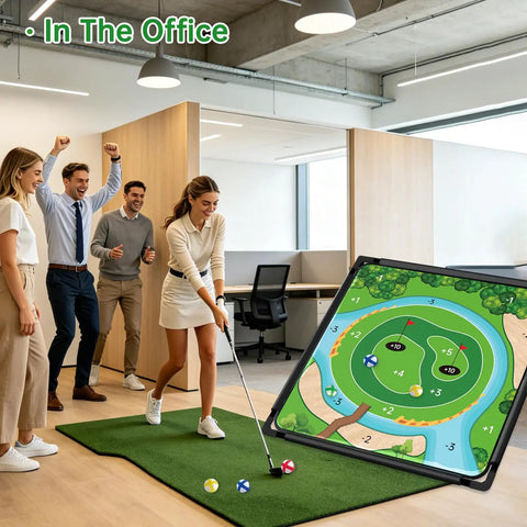 Dual Sided Golf Chipping Game Set With Club Sticky Golf Games Pro Battle Mat played indoors in office by group of people