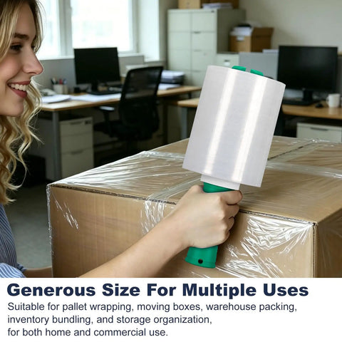 Person using Two-Pack Clear Industrial Stretch Wrap Film 5.1 Inch by 1000 Feet with Handle on a large box in an office.