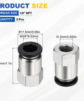 Five Pack Push to Connect Pneumatic Fittings for Three Eighths Inch Tubing, One Eighth NPT Female Adapters, Nickel Plated Brass