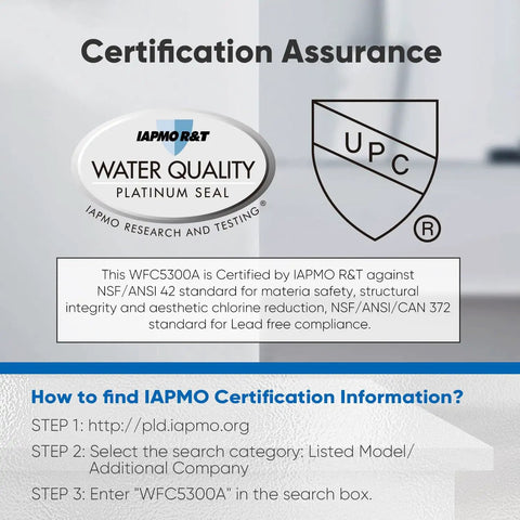 Certification seal for Under Sink Water Filter Replacement For WFS5300A, includes IAPMO and UPC certifications.