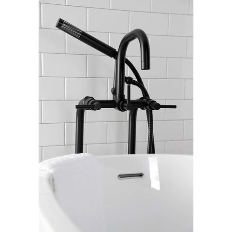 Concord Freestanding Tub Faucet With Supply Line Matte Black Finish Solid Brass Floor Mount with white tile background