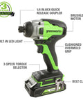 Beefy 24V Brushless Drill Driver And One Quarter Inch Impact Driver Combo Kit showing features with LED light and grip details