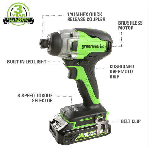 Beefy 24V Brushless Drill Driver And One Quarter Inch Impact Driver Combo Kit showing features with LED light and grip details