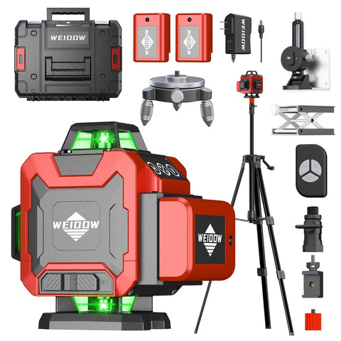Self Leveling Laser Level With Tripod Pro Grade 4x360 Degree Green Beam 4D Layout Tool For Picture Hanging Tile And Home Renovation Indoors Includes Two Lithium Batteries, shown with accessories including case, batteries, and remote.