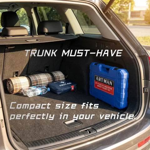 67 Piece Heavy Duty Impact Socket Set In Black And Blue, 3/8 Inch Drive Metric Sae Cr-V Steel Kit For Extreme Torque Jobs And Auto Repair That Really Slams. Compact blue case in SUV trunk