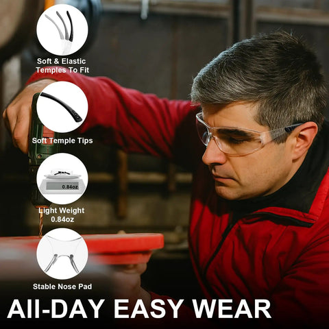 Individually Wrapped ANSI Z87.1 Clear Safety Glasses Bulk 120 Pack For Men And Women Scratch And Impact Resistant Eye Protection For Construction Lab Indoor And Outdoor Work, shown on a person wearing glasses while working indoors with tool features listed.