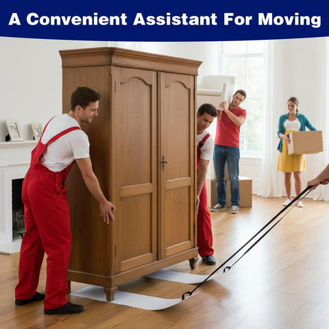 Two Pack Appliance Sliders For Refrigerators And Heavy Furniture, 48 By 8 Inch Moving Pads With Pull Straps, being used to move a wardrobe.