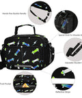 Durable Insulated Lunch Box For Kids And Teens, Lightning Bolt Theme, Kid Friendly Cooler Tote With Shoulder Strap, Reusable School Lunch Bag, 6.5L Capacity, Fits Six Packs, Black, front and side view