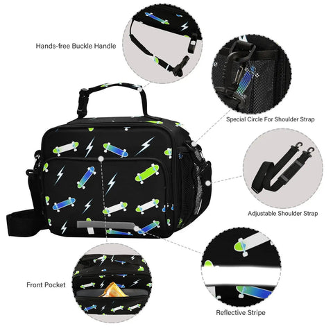 Durable Insulated Lunch Box For Kids And Teens, Lightning Bolt Theme, Kid Friendly Cooler Tote With Shoulder Strap, Reusable School Lunch Bag, 6.5L Capacity, Fits Six Packs, Black, front and side view