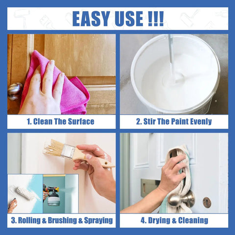 Steps to use All In One Multi Surface Black Paint For Indoor And Outdoor Use No Sanding No Priming Quick Drying For Wood Walls Furniture Cabinets Metal And More 5 Oz including cleaning, stirring, painting, drying.