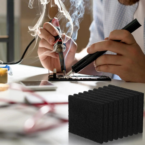 Person soldering with 24 Pack Activated Carbon Filter Replacements For Solder Smoke And Fume Extraction nearby.