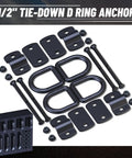 Heavy Duty 1 2 Inch D Ring Tie Down Anchors 4 Pack Black Forged Steel Trailer Setup rated 3000 lbs with mounting hardware.