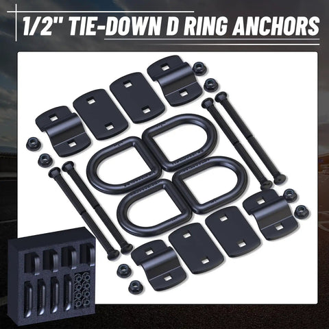 Heavy Duty 1 2 Inch D Ring Tie Down Anchors 4 Pack Black Forged Steel Trailer Setup rated 3000 lbs with mounting hardware.