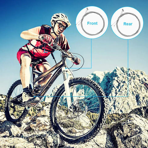 Mountain biker using Bike Brake Cable And Shifter Wire Set With Complete Inner Replacement Kit, Alloy End Crimps, 2 Meter Length