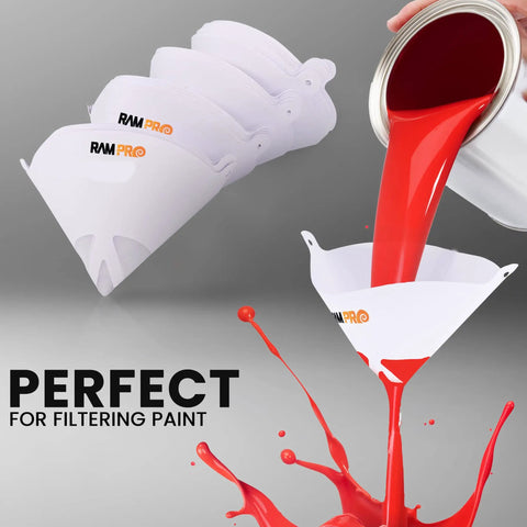 Ultra Fine 190 Micron Paint Filter Strainers 100 Pack blue nylon mesh paper cone in use with red paint