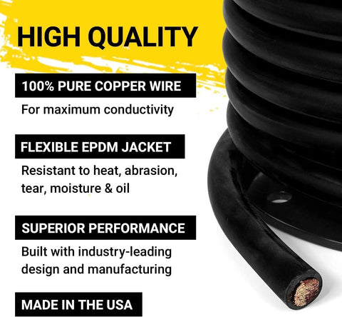 Close-up of Heavy Duty Car Battery Cable And Welding Lead For DIY Projects Bulk Automotive Copper Wire One Zero AWG Fifteen Foot Black 600 Volt Premium Quality Flexible Conductors For Pro Mechanics And Auto Enthusiasts showcasing flexible EPDM jacket