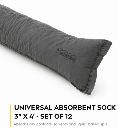 Heavy Duty Universal Absorbent Socks 12 Plus Pack Spill Containment Tubes Industrial Grade Oil Hydraulic Chemical Absorbers Pro Shop Garage Worksite Cleanup Gray 3x4 inch absorbent sock in gray.