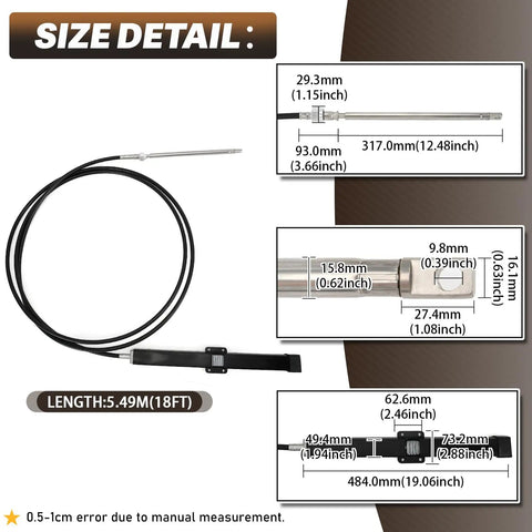 18 Foot Heavy Duty Mechanical Rack And Pinion Steering Cable For Back Mount Rack Systems size details diagram