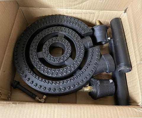 Box containing 12 Inch Three Ring Gas Burner For Chinese Wok Ranges With 110,000 BTU Natural Gas Power High-Heat 3-Ring Stove Head
