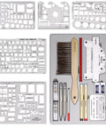 Pro Level Drafting Tools And Geometry Set 21 Piece Architecture Kit With Rugged Carry Case showing templates, pens, and tools in organizer.